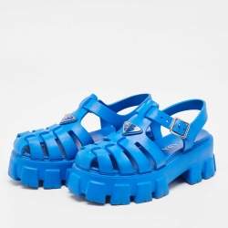 مملوكة مسبقًا Prada Blue Rubber Platform Ankle Strap Sandals Size 38