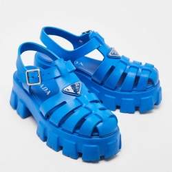 مملوكة مسبقًا Prada Blue Rubber Platform Ankle Strap Sandals Size 38