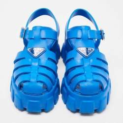 مملوكة مسبقًا Prada Blue Rubber Platform Ankle Strap Sandals Size 38