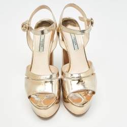 Pre Owned Prada Gold Leather Platform Ankle Strap Sandals Size 39