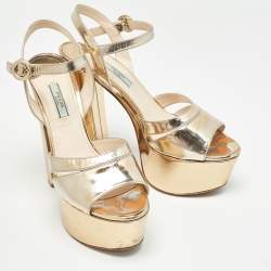 Pre Owned Prada Gold Leather Platform Ankle Strap Sandals Size 39