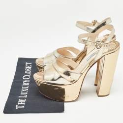 Pre Owned Prada Gold Leather Platform Ankle Strap Sandals Size 39