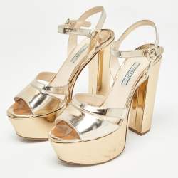 Pre Owned Prada Gold Leather Platform Ankle Strap Sandals Size 39