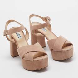 Prada Light Pink Suede Platform Ankle Strap Sandals Size 39