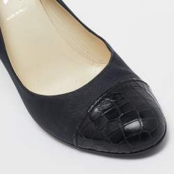 Prada Dark Grey/Black Satin and Croc Embossed Leather Cap Toe Pumps Size 37