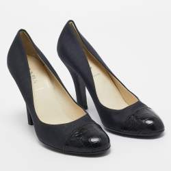 Prada Dark Grey/Black Satin and Croc Embossed Leather Cap Toe Pumps Size 37