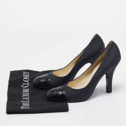 Prada Dark Grey/Black Satin and Croc Embossed Leather Cap Toe Pumps Size 37
