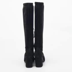 Prada Black Suede Knee Length Block Heel Boots Size 37.5