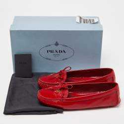 Pre Owned Prada Red Patent Leather Logo Detail Bow Loafers Size 38.5