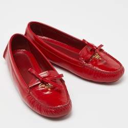 Pre Owned Prada Red Patent Leather Logo Detail Bow Loafers Size 38.5