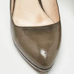 Prada Olive Green Crackled Patent Platform Leather Pumps Size 38.5