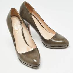 Prada Olive Green Crackled Patent Platform Leather Pumps Size 38.5