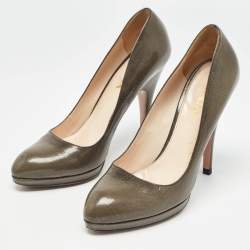 Prada Olive Green Crackled Patent Platform Leather Pumps Size 38.5