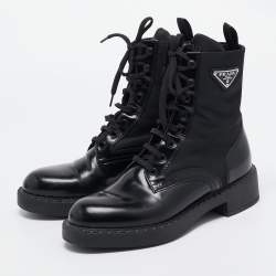 Prada Black Leather and Nylon Ankle Boots Size 37