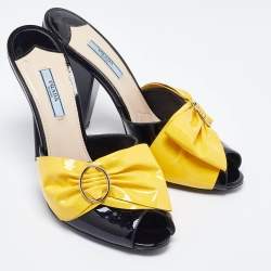 Prada Black/Yellow Patent Leather Bow Mules Size 40