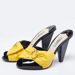 Prada Black/Yellow Patent Leather Bow Mules Size 40