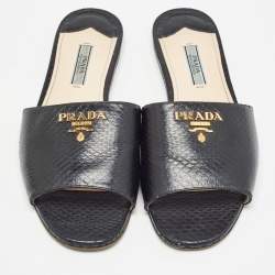 Pre Owned Prada Black Embossed Snakeskin Flat Slides Size 37.5