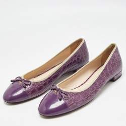 Pre Owned Prada Purple Embossed Croc and Patent Cap Toe Bow Ballet Flats Size 42