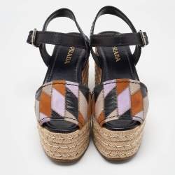 Prada Multicolor Leather and Suede Espadrille Platform Ankle Sandals Size 39