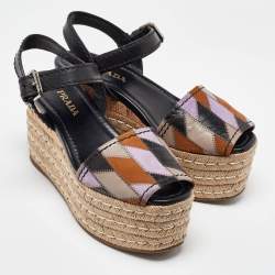 Prada Multicolor Leather and Suede Espadrille Platform Ankle Sandals Size 39