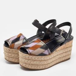 Prada Multicolor Leather and Suede Espadrille Platform Ankle Sandals Size 39