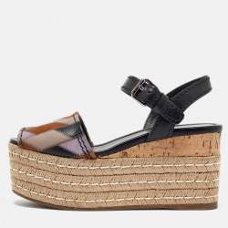 Prada Multicolor Leather and Suede Espadrille Platform Ankle Sandals Size 39