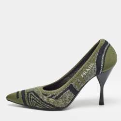 Pre Owned Prada Green Printed Knit Fabric Pointed Toe Pumps Size 36.5