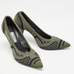 Pre Owned Prada Green Printed Knit Fabric Pointed Toe Pumps Size 36.5