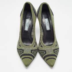 Pre Owned Prada Green Printed Knit Fabric Pointed Toe Pumps Size 36.5