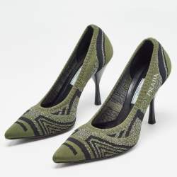 Pre Owned Prada Green Printed Knit Fabric Pointed Toe Pumps Size 36.5