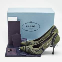 Pre Owned Prada Green Printed Knit Fabric Pointed Toe Pumps Size 36.5