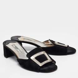 Prada Black Suede Crystal Embellished Slide Sandals Size 38.5