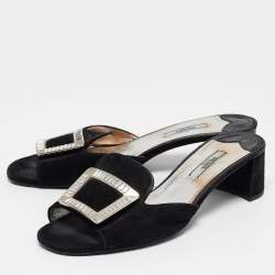 Prada Black Suede Crystal Embellished Slide Sandals Size 38.5