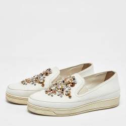 Prada White Leather Crystal Embellished Slip On Sneakers Size 36.5