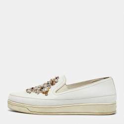 Prada White Leather Crystal Embellished Slip On Sneakers Size 36.5