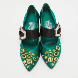 Pre Owned Prada Green Satin Crystal Embellished  Mary Jane Pumps Size 36