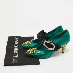 Pre Owned Prada Green Satin Crystal Embellished  Mary Jane Pumps Size 36