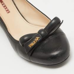 Prada Sports Black Leather Bow Block Heel Round Toe Pumps Size 36.5