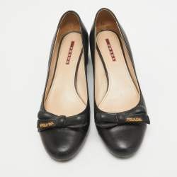 Prada Sports Black Leather Bow Block Heel Round Toe Pumps Size 36.5