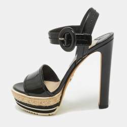 Prada Black Patent Leather Espadrille Platform Ankle Strap Sandals Size 36.5