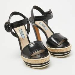 Prada Black Patent Leather Espadrille Platform Ankle Strap Sandals Size 36.5