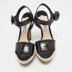 Prada Black Patent Leather Espadrille Platform Ankle Strap Sandals Size 36.5
