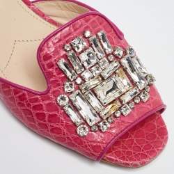 Prada Pink Crocodile Crystal Embellished Flat Slides Size 37.5