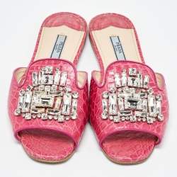Prada Pink Crocodile Crystal Embellished Flat Slides Size 37.5