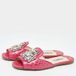 Prada Pink Crocodile Crystal Embellished Flat Slides Size 37.5