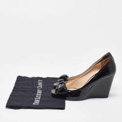 Pre Owned Prada Black Patent Leather Bow Peep Toe Wedge Pumps Size 39