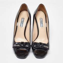 Pre Owned Prada Black Patent Leather Bow Peep Toe Wedge Pumps Size 39