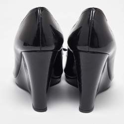 Pre Owned Prada Black Patent Leather Bow Peep Toe Wedge Pumps Size 39