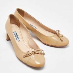 Pre Owned Prada Beige Patent Leather Bow Block Heel Pumps Size 36.5
