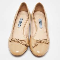 Pre Owned Prada Beige Patent Leather Bow Block Heel Pumps Size 36.5